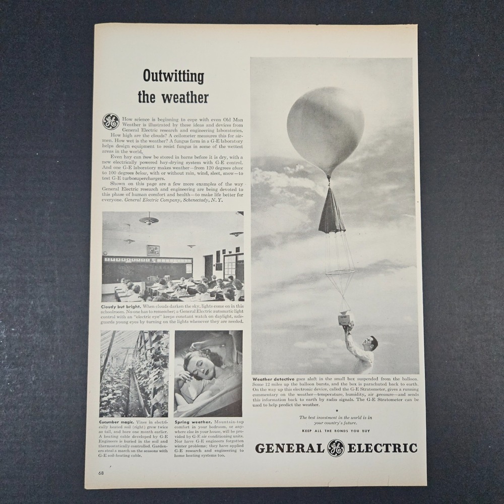 1945 GE General Electric Outwitting The Weather Vintage Print Ad Buy Keep Bonds